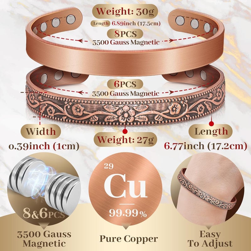 Auramag Magnetic Bangle for Women, Copper Cuff Bangle with 3500 Gauss Magnets, 100% Pure Copper Jewelry Gift Adjustable (2 PCS) - Image 4